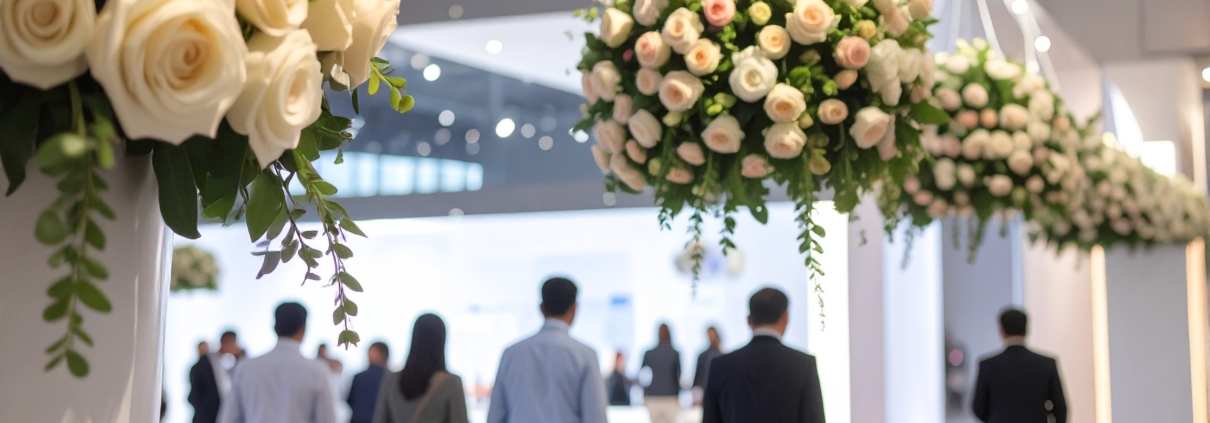 Stilvolle Blumendekoration am Messestand in Düsseldorf von Blumen Meister