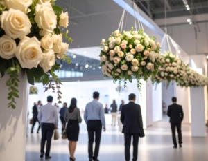 Stilvolle Blumendekoration am Messestand in Düsseldorf von Blumen Meister