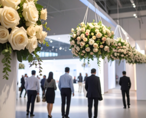 Stilvolle Blumendekoration am Messestand in Düsseldorf von Blumen Meister