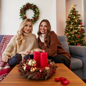 Handgefertigter Adventskranz mit roten Kerzen und Tannengrün von Blumen Meister Düsseldorf